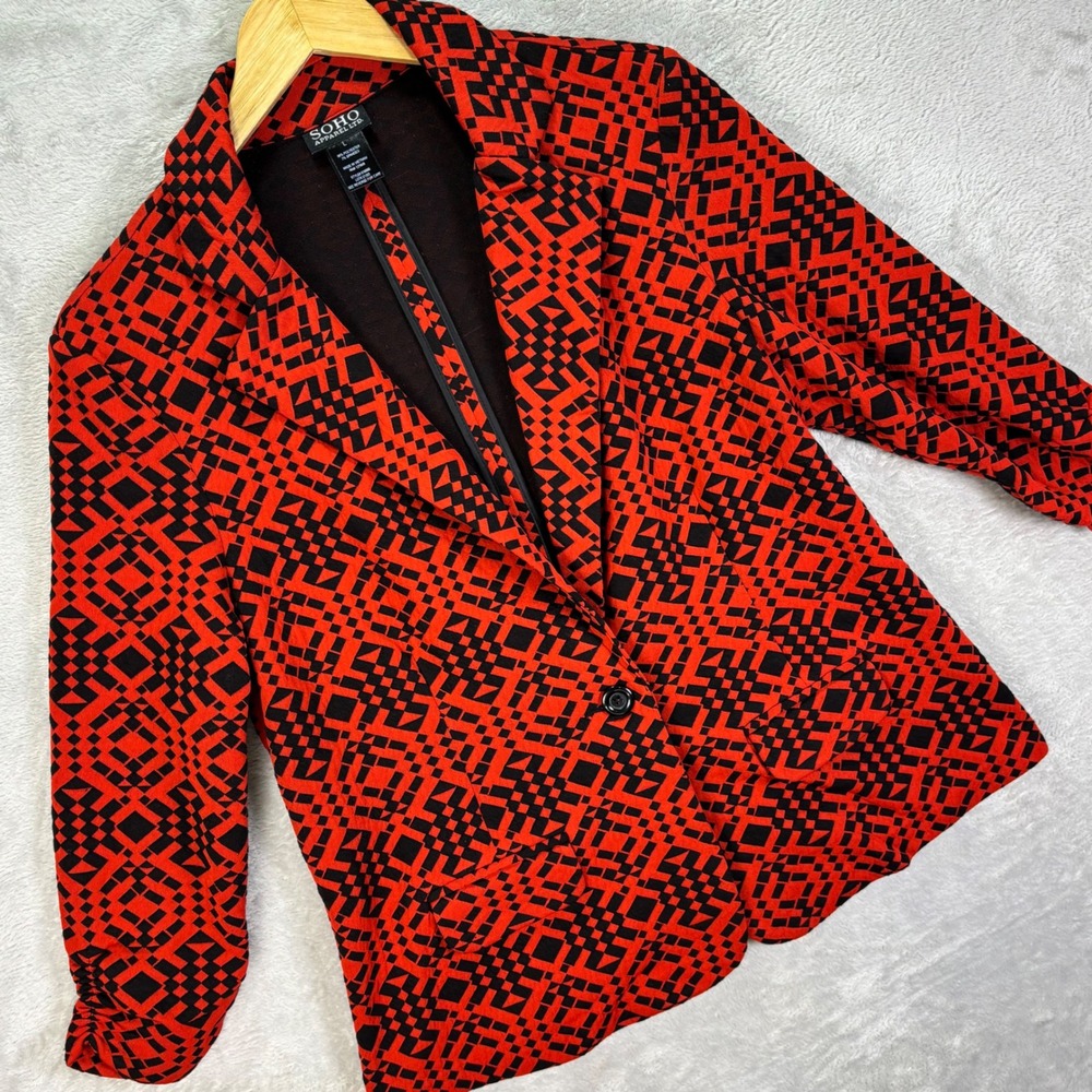 Soho Apparel Women's L Blazer‎ Red Black Geometric Ruched Sleeve Stretch Vibrant